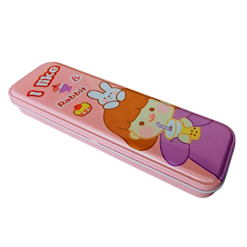 Cartoon Hardtop Compartment Small Size Metal Pencil Box Rabbit Design  Pink Colour