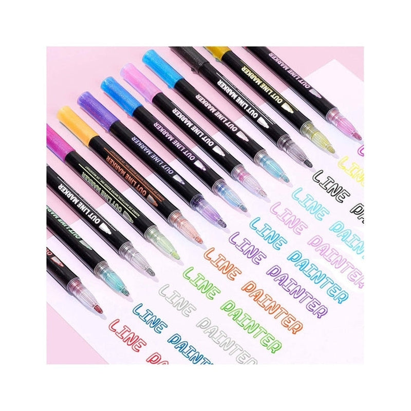 Pack of 12 Double Outline Metallic Glitter Marker Pen (6-15 Years)