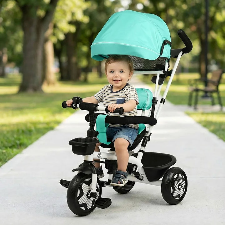 R for Rabbit Tiny Toes R40 Ace Baby Tricycle – Lake Blue | 360° Rotatable Seat & Parental Control | Adjustable Canopy & EVA Wheels