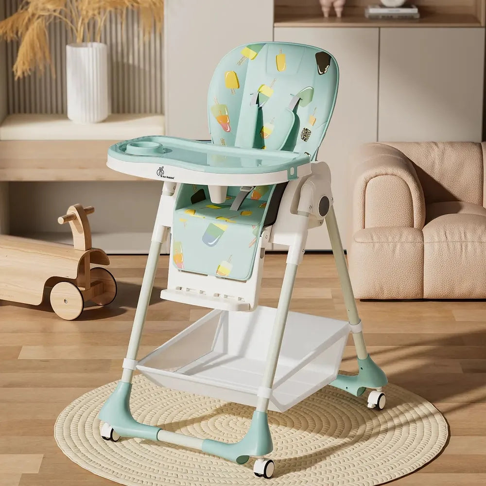 R for Rabbit Marshmallow High Chair - 7 Level Height Adjustment, 3 Recline Modes, Adjustable & Removable Double Meal Tray