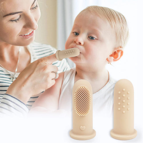 R for Rabbit Tiny Smiles Gummy Baby Finger Brush, Food Grade Silicone Toothbrush, Gum Massager with Storage Case - Beige
