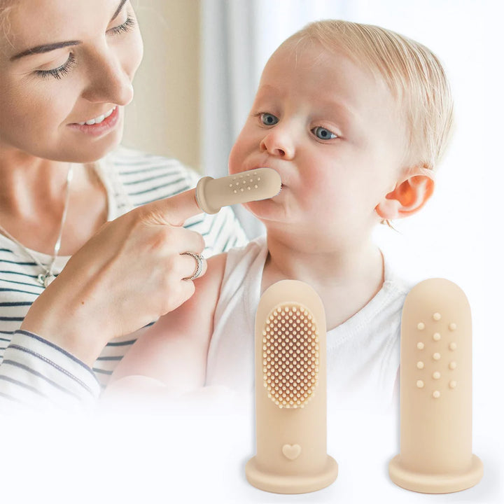 R for Rabbit Tiny Smiles Gummy Baby Finger Brush, Food Grade Silicone Toothbrush, Gum Massager with Storage Case - Beige