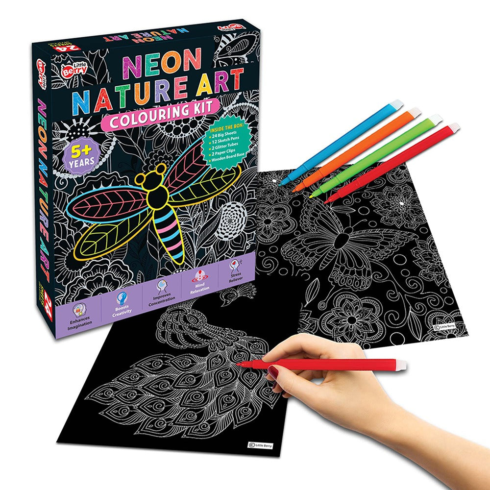 Neon Nature Mandala Art Colouring Kit With 24 Big Sheets, 12 Sketch Pens and Glitter Tubes - Multicolour