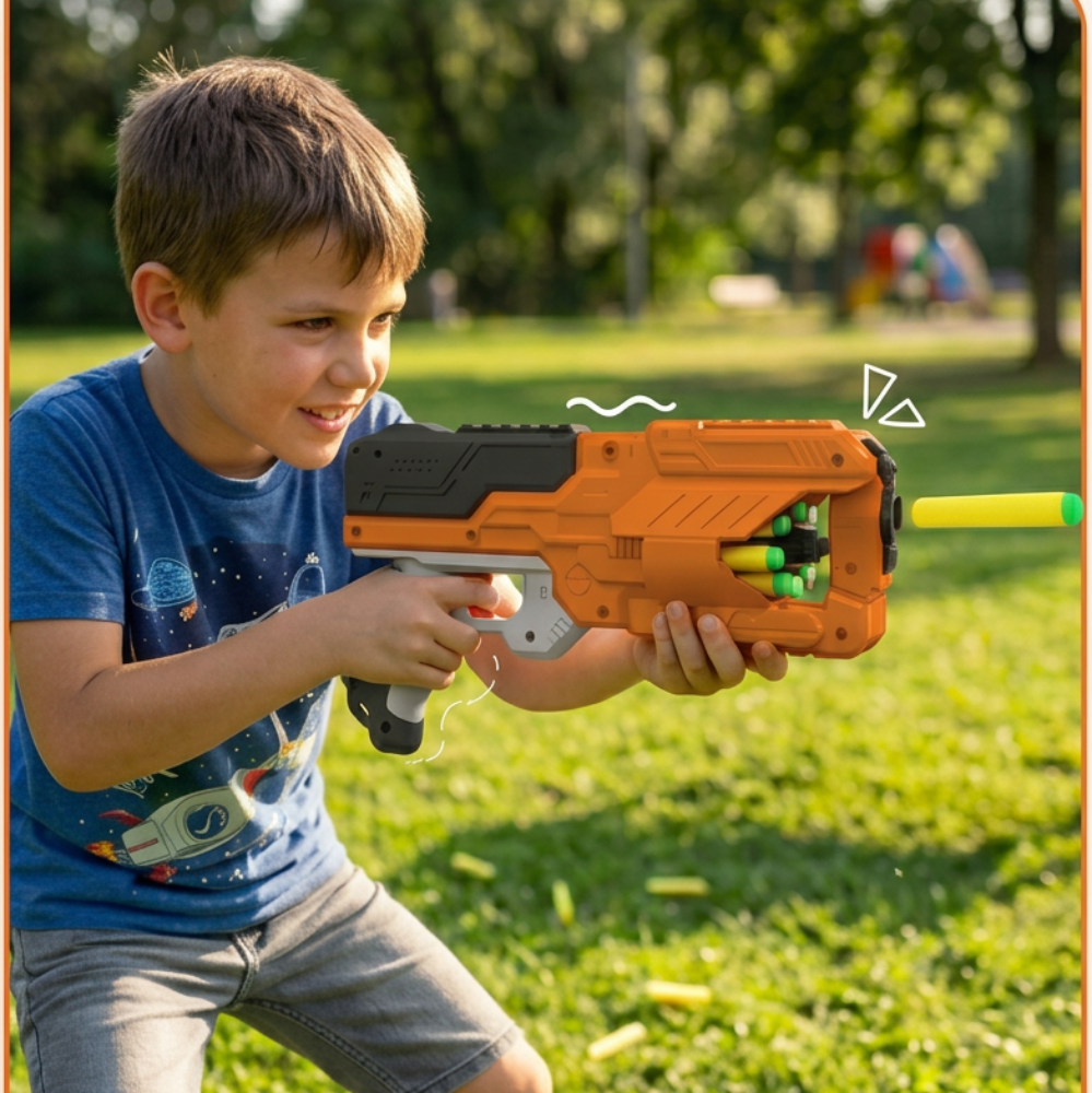 Chanak Six Fire Toy Blaster with 10 Soft Bullet | 45 Feet Range | Orange