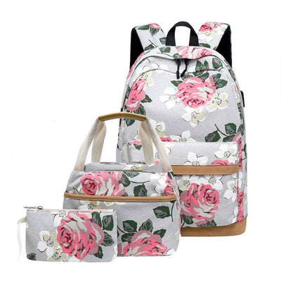 Grey Bloom Backpack with Lunch Bag & Stationery Pouch