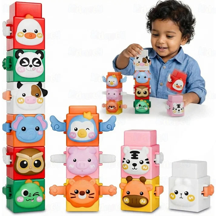 Kidology 12-Piece Pressable Animal Stacking Blocks | Educational Building Toy