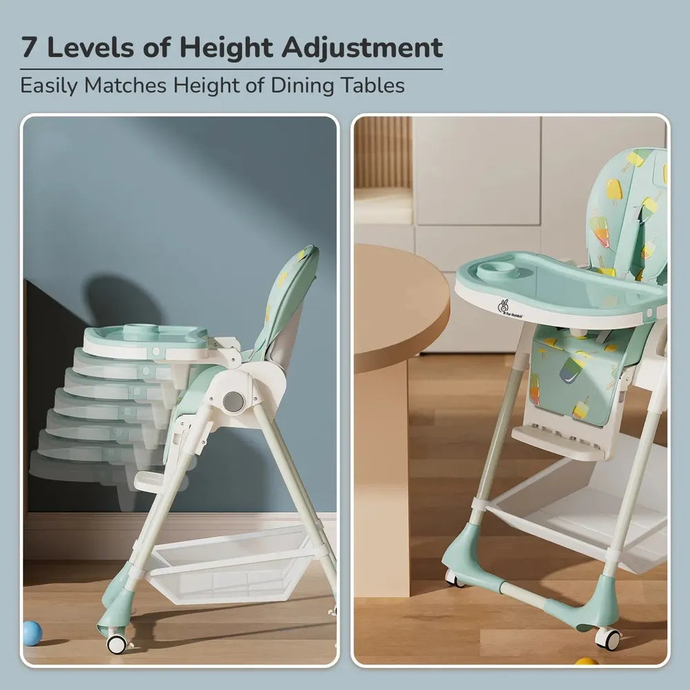 R for Rabbit Marshmallow High Chair - 7 Level Height Adjustment, 3 Recline Modes, Adjustable & Removable Double Meal Tray