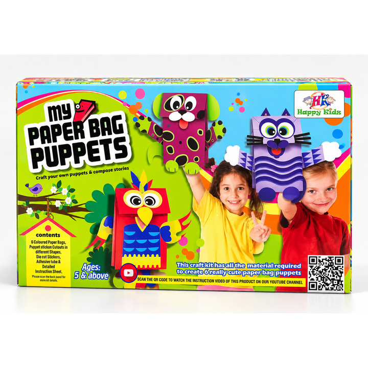 Happy Kidz My Paper Bag Puppets DIY Craft Kit | Make 6 Animal Puppets | Creative Art & Craft Activity for Kids