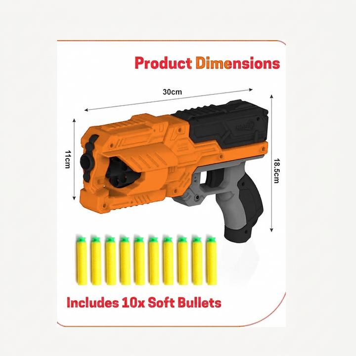 Chanak Six Fire Toy Blaster with 10 Soft Bullet | 45 Feet Range | Orange