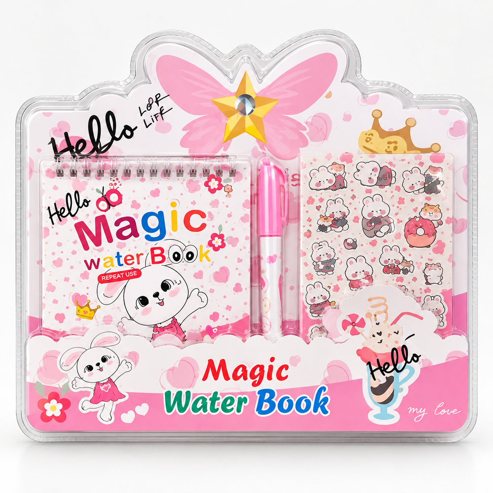 Magic Water Book Reusable Drawing & Colouring Kit for Kids | Water Pen & Cute Stickers