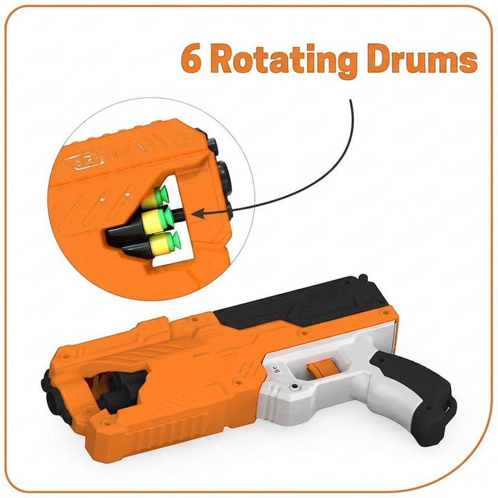 Chanak Six Fire Toy Blaster with 10 Soft Bullet | 45 Feet Range | Orange
