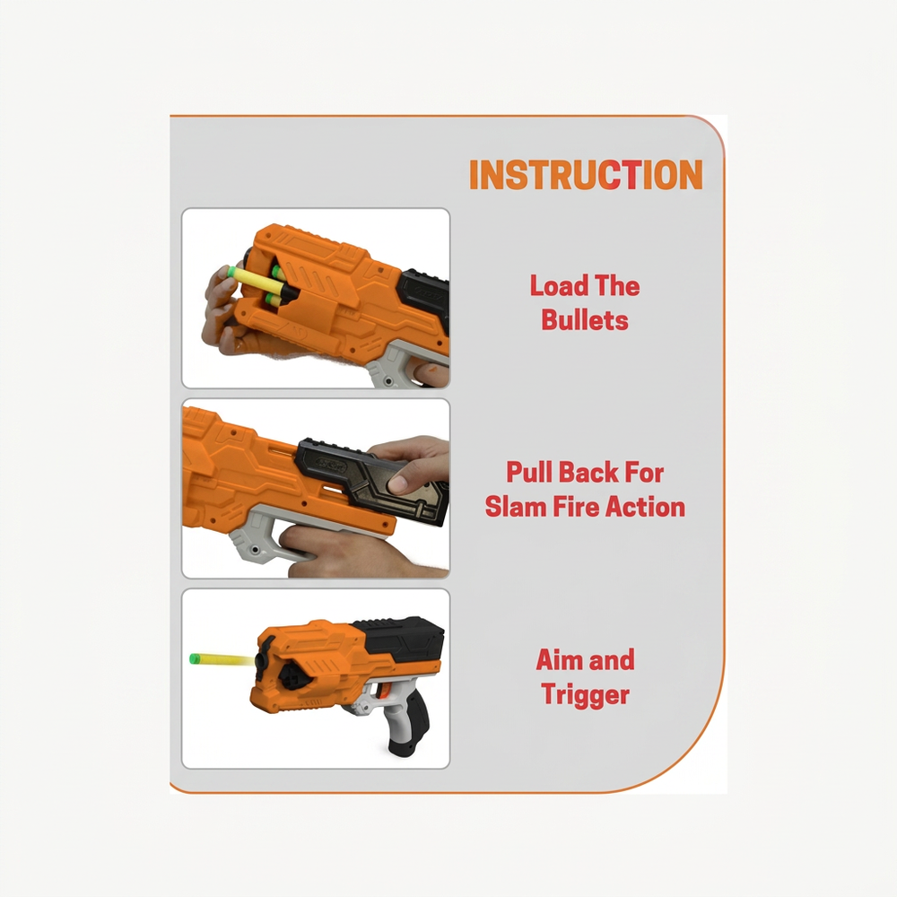 Chanak Six Fire Toy Blaster with 10 Soft Bullet | 45 Feet Range | Orange