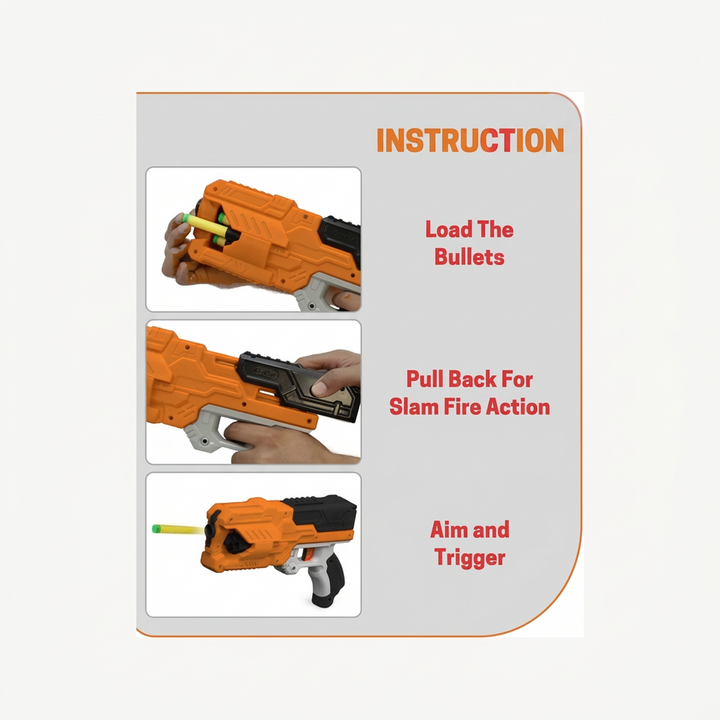 Chanak Six Fire Toy Blaster with 10 Soft Bullet | 45 Feet Range | Orange