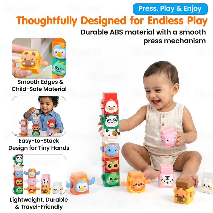 Kidology 12-Piece Pressable Animal Stacking Blocks | Educational Building Toy