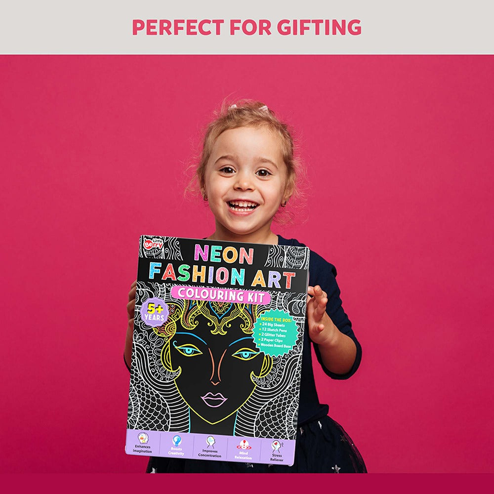 Neon Fashion Mandala Art Colouring Kit With 24 Big Sheets, 12 Sketch Pens and Glitter Tubes - Multicolour