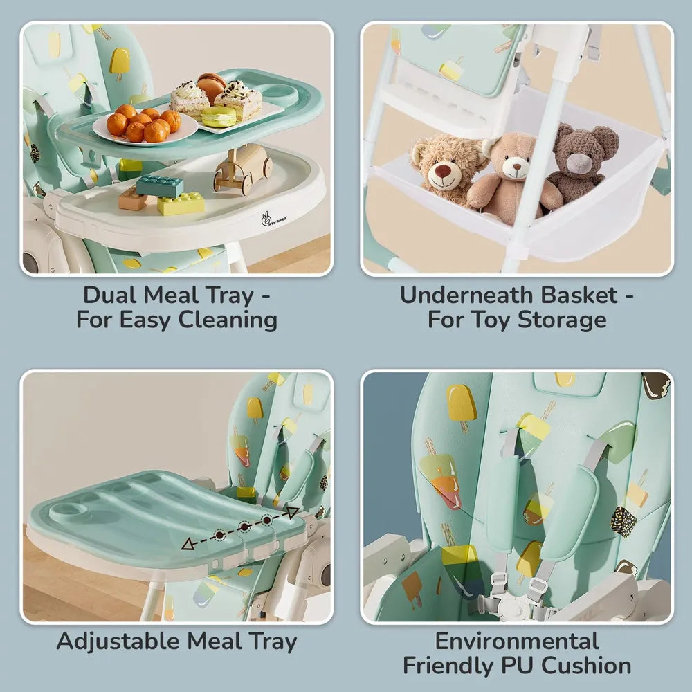 R for Rabbit Marshmallow High Chair - 7 Level Height Adjustment, 3 Recline Modes, Adjustable & Removable Double Meal Tray