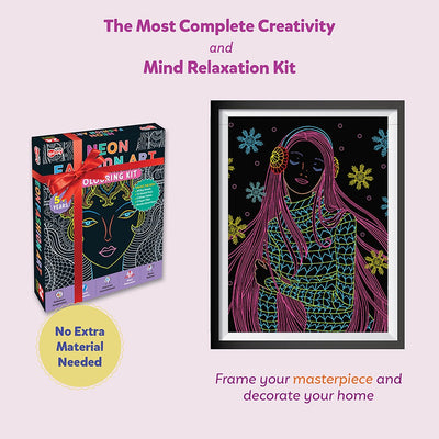 Neon Fashion Mandala Art Colouring Kit With 24 Big Sheets, 12 Sketch Pens and Glitter Tubes - Multicolour