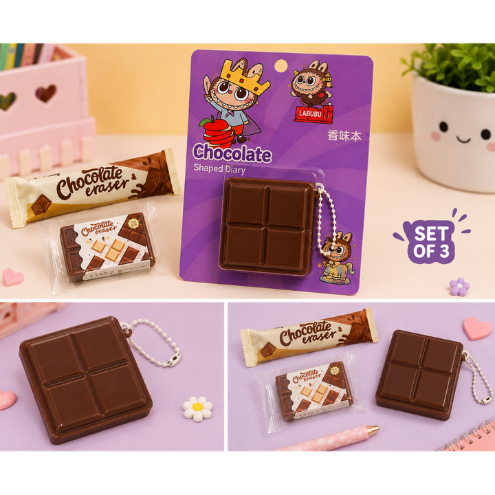Chocolate Shaped Pocket Diary and Chocolate Bar Erasers (Set of 3)