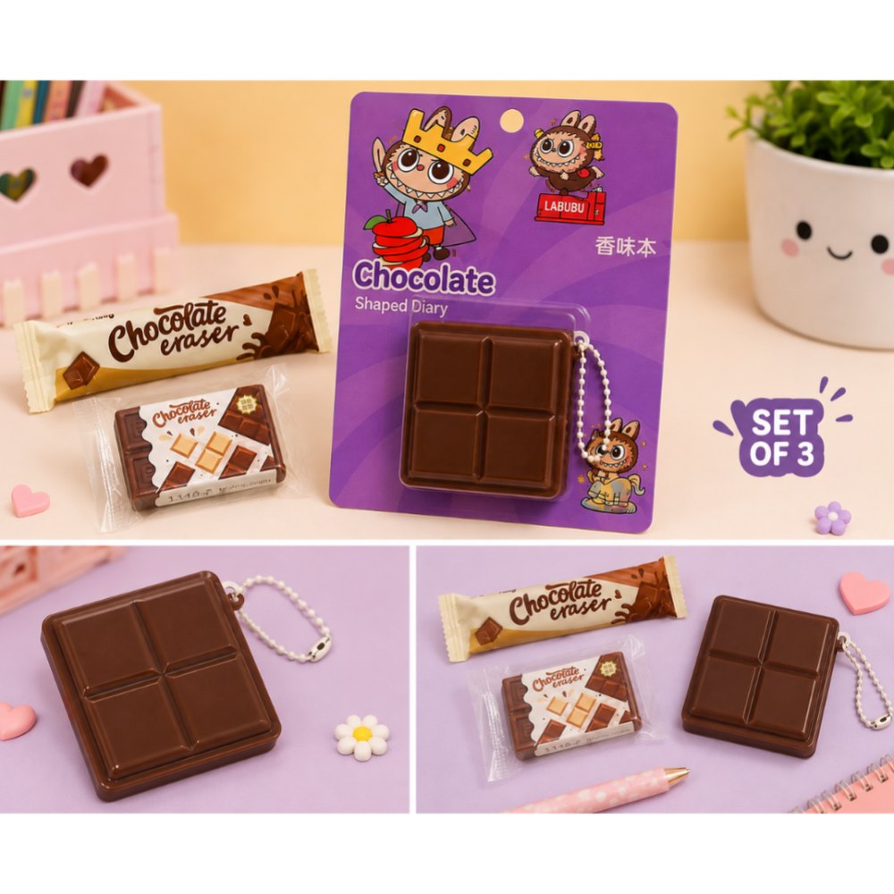 Chocolate Shaped Pocket Diary and Chocolate Bar Erasers (Set of 3)