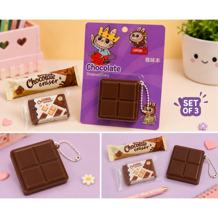 Chocolate Shaped Pocket Diary and Chocolate Bar Erasers (Set of 3)