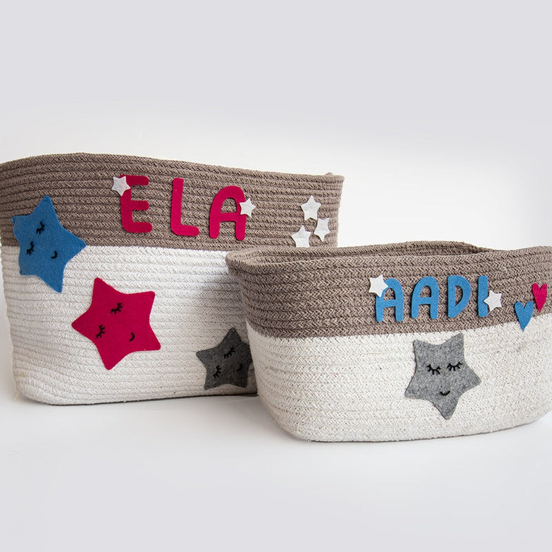 Personalised Twinkly Stars - Cotton Rope Baskets (Set Of 2) - COD Not Available