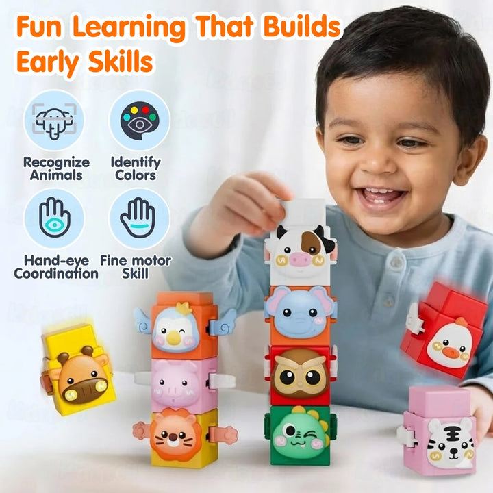 Kidology 12-Piece Pressable Animal Stacking Blocks | Educational Building Toy