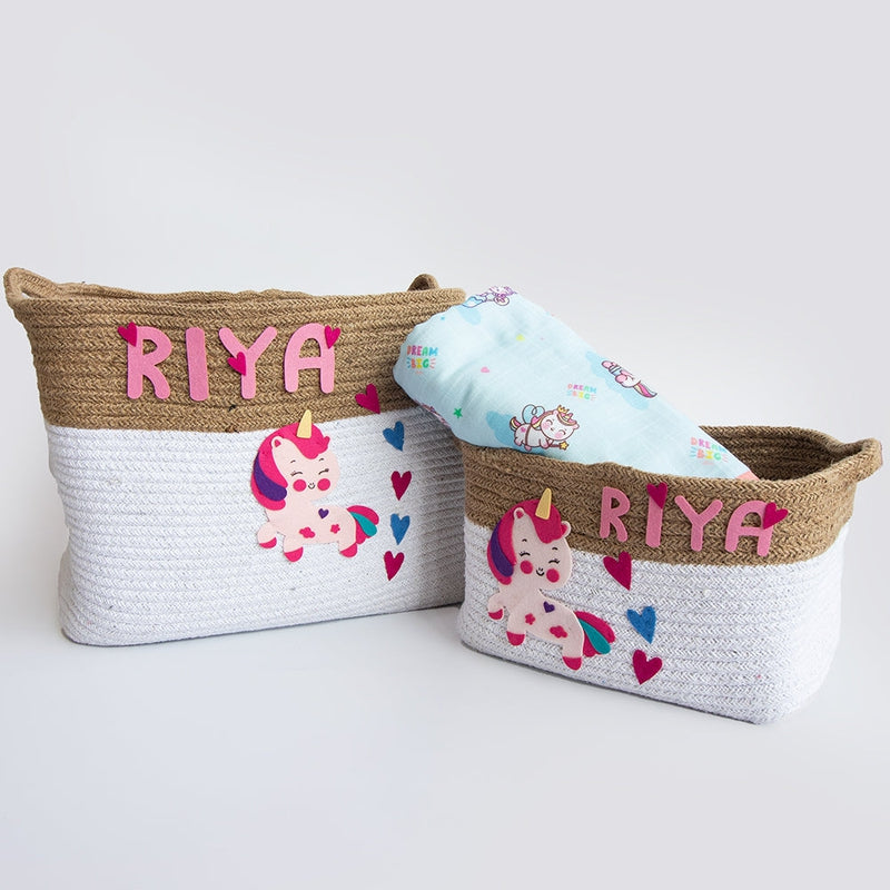 Personalised Set Of 2 Cotton Rope Baskets - Unicorn Dreams (0-12 Years) | COD Not Available