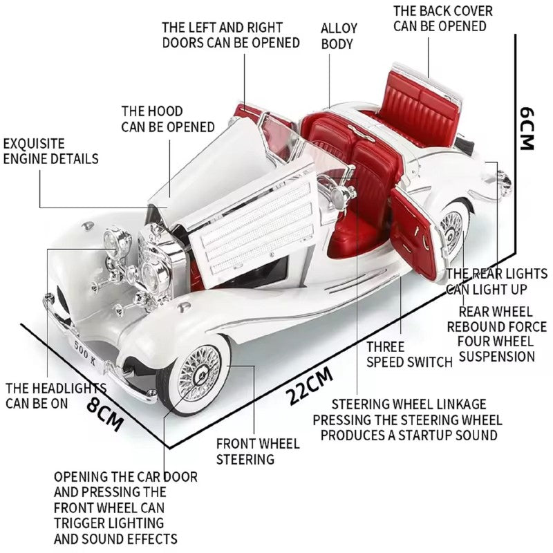 500K 1936 Vintage Diecast Car with Light and Sound Features | 1:24 Scale Model | White