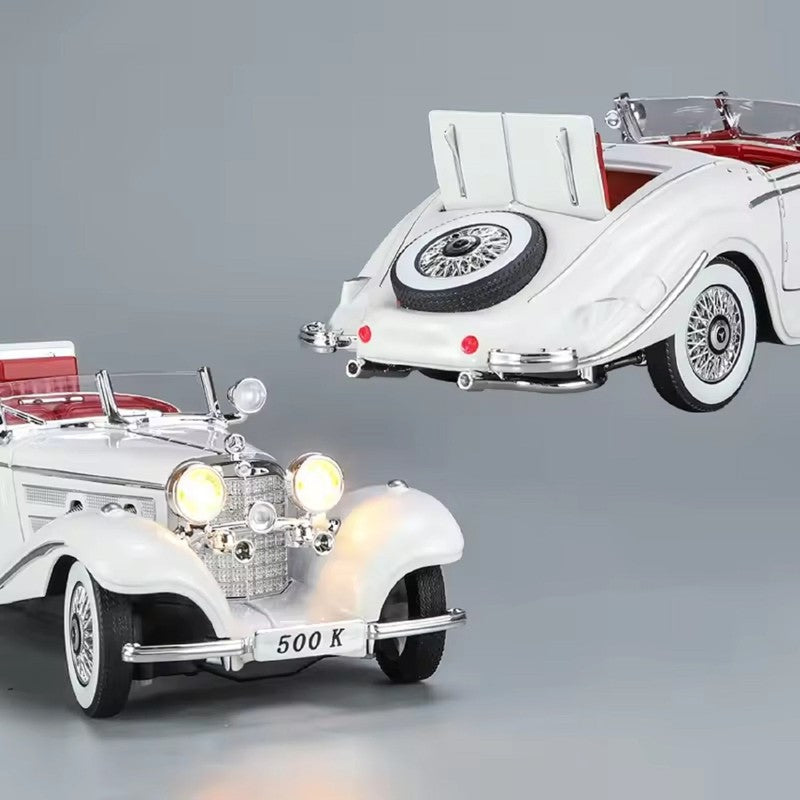 500K 1936 Vintage Diecast Car with Light and Sound Features | 1:24 Scale Model | White