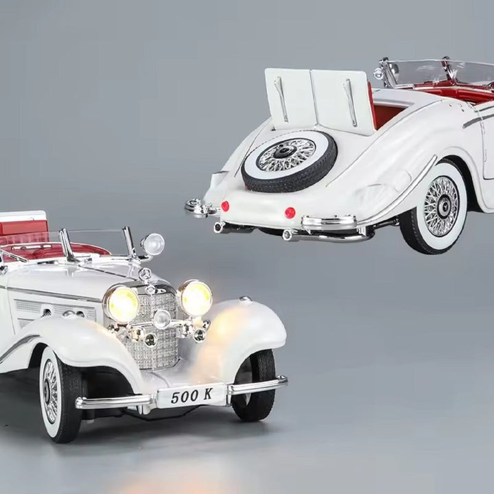 500K 1936 Vintage Diecast Car with Light and Sound Features | 1:24 Scale Model | White