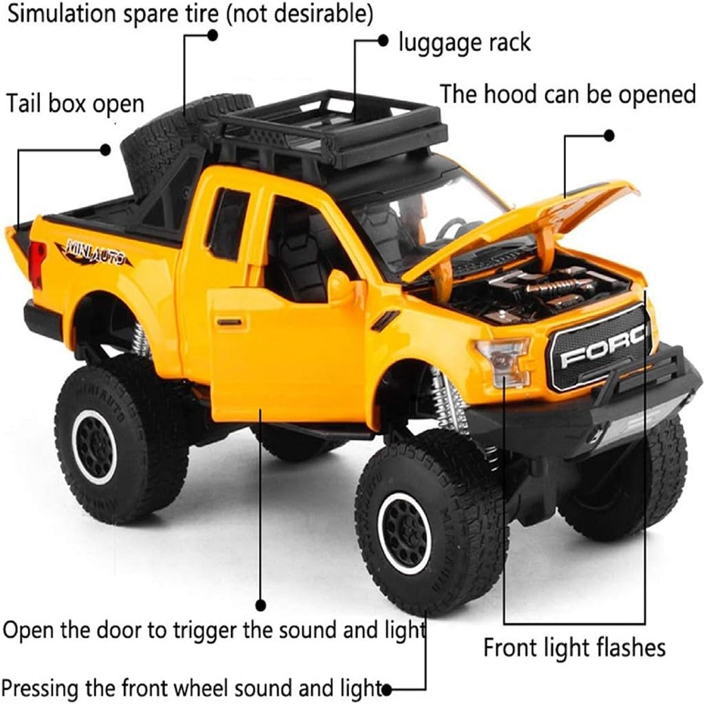 Resembling Ford Raptor F-150 OFF Diecast Car | 1:32 Scale Model | Yellow