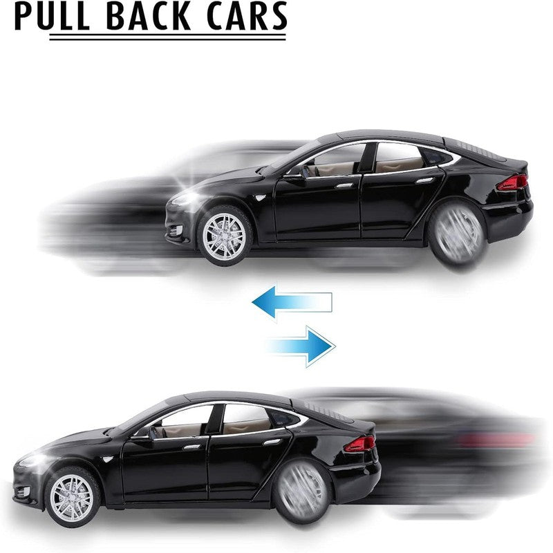 Diecast Resembling Tesla S Pull Back Car with Openable Doors, Light and Sound | 1:32 Scale Model (14 Years Till Grown Ups)