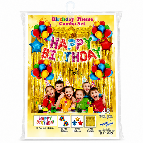 Birthday Party Decoration Kit - Happy Birthday Foil set, 30 Pcs Balloons, 3 Star Balloon, 2 Foil Curtains
