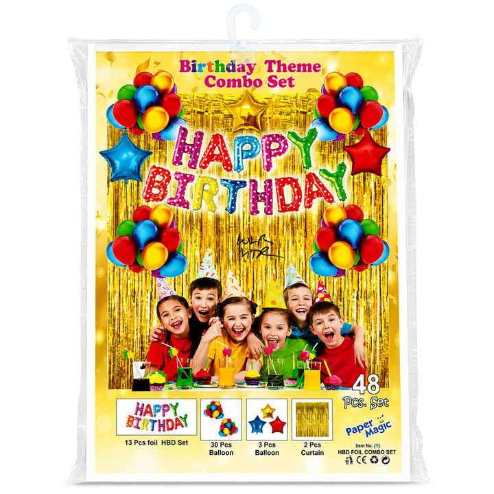 Birthday Party Decoration Kit - Happy Birthday Foil set, 30 Pcs Balloons, 3 Star Balloon, 2 Foil Curtains