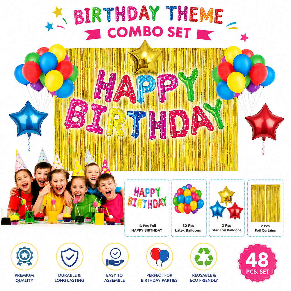 Birthday Party Decoration Kit - Happy Birthday Foil set, 30 Pcs Balloons, 3 Star Balloon, 2 Foil Curtains