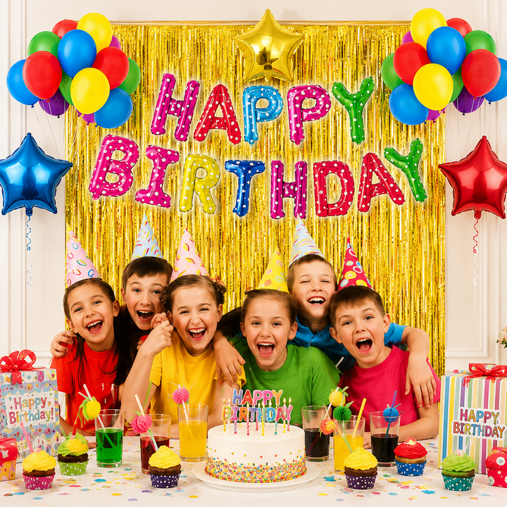 Birthday Party Decoration Kit - Happy Birthday Foil set, 30 Pcs Balloons, 3 Star Balloon, 2 Foil Curtains