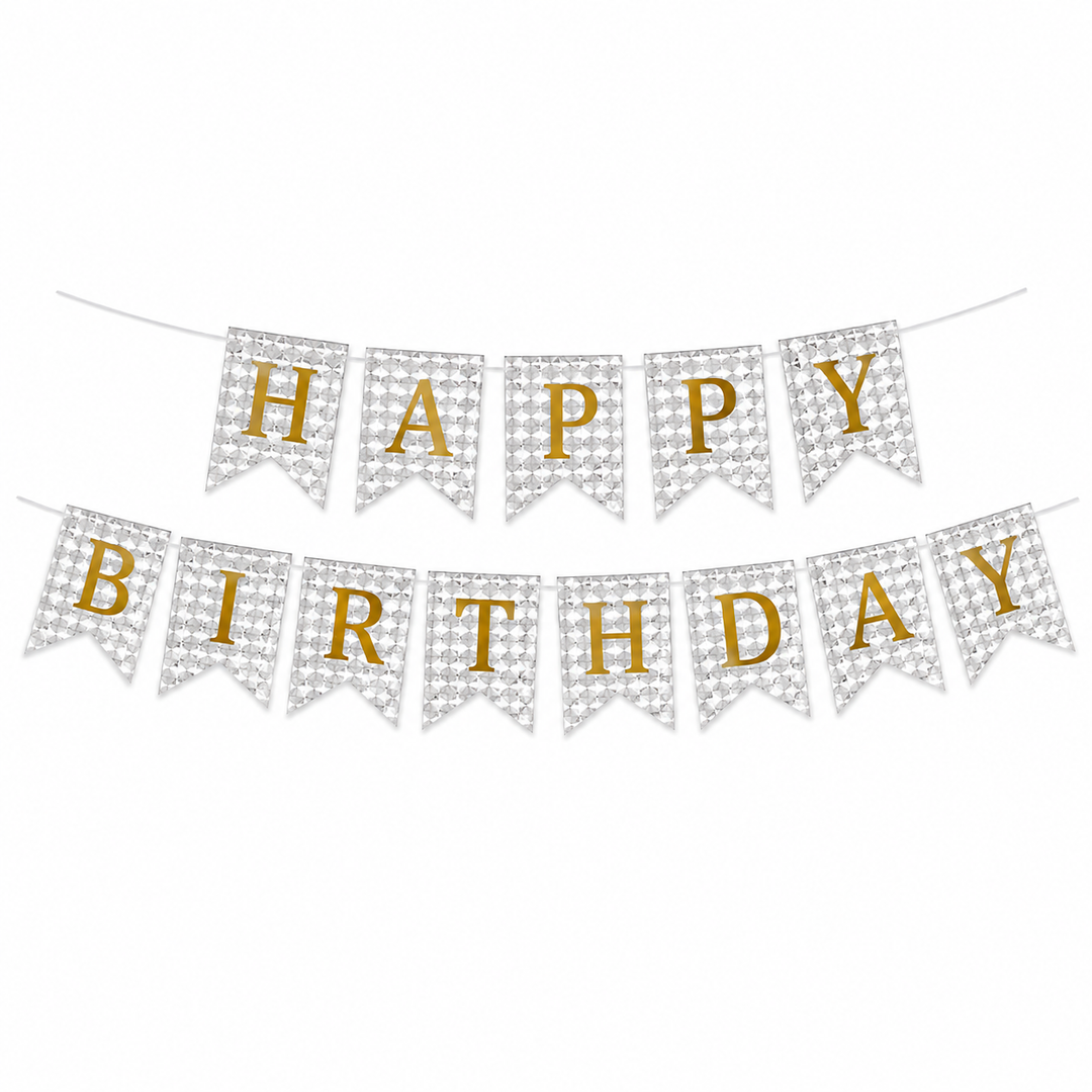 Silver and Gold Happy Birthday Banner Decoration