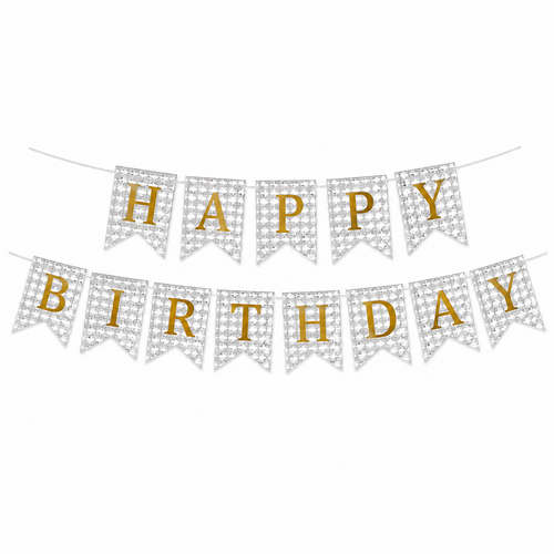 Silver and Gold Happy Birthday Banner Decoration