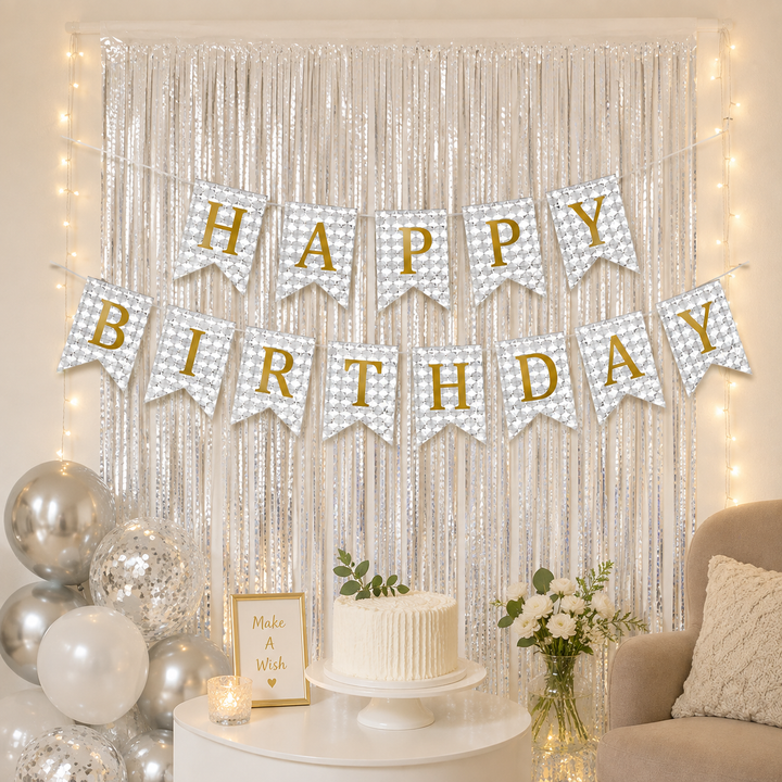 Silver and Gold Happy Birthday Banner Decoration