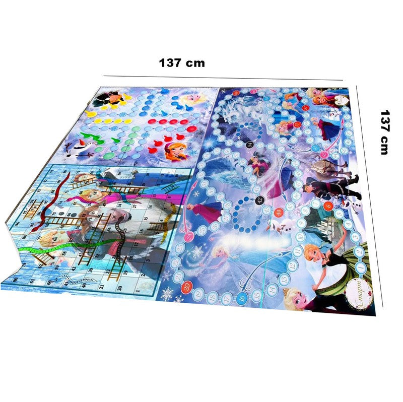 Reversible Frozen Princess Cartoon Printed Jumbo 3 in 1 Ludo, Snake & Ladder Mat Dice and Tokens