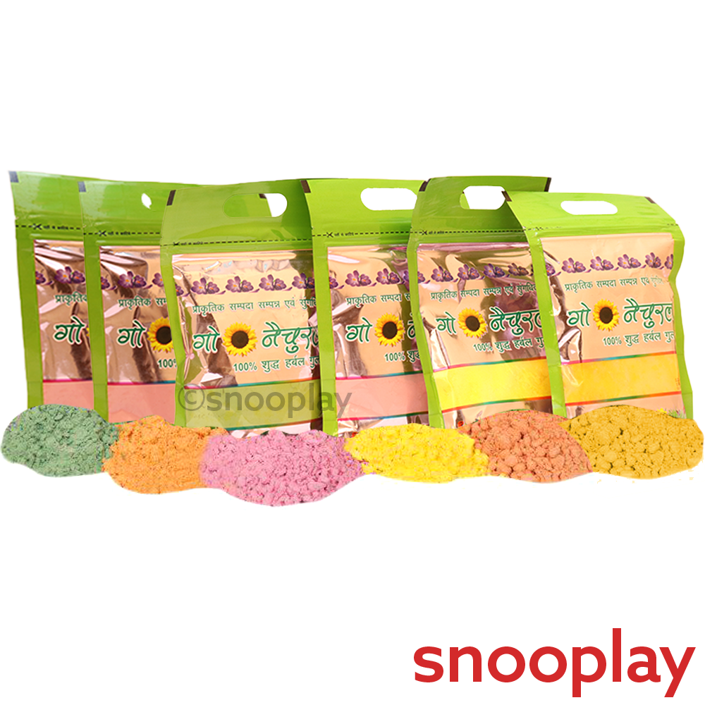 Premium Natural Holi Combo: 5 Go Natural Gulaal, 1 Pipe Pichkari, 2 Boxes of Tesu Flowers & 1 Chandan - 25g | Assorted Colors & Prints