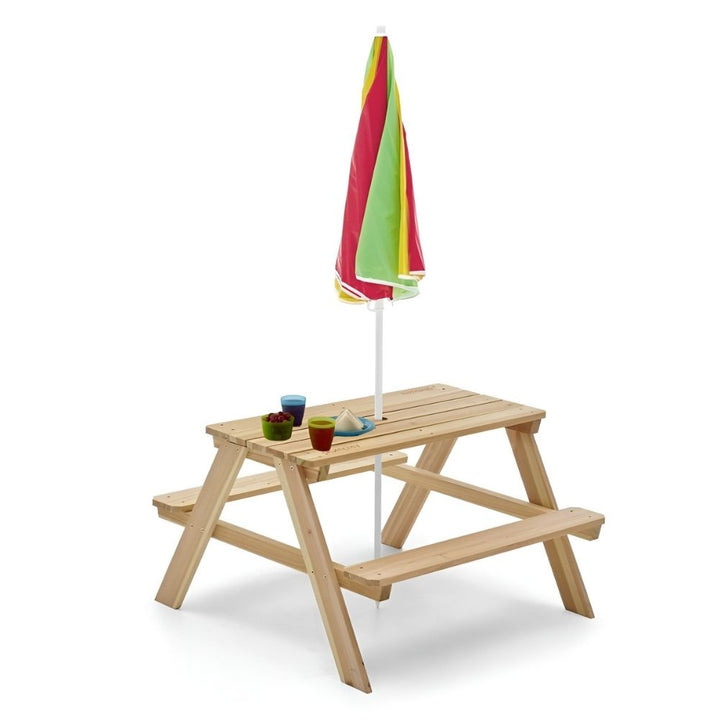 Plum Wooden Rectangular Natural Picnic Table with Parasol | Weight Capacity- 50kgs (1.5-7 Years)