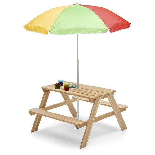 Plum Wooden Rectangular Natural Picnic Table with Parasol | Weight Capacity- 50kgs (1.5-7 Years)