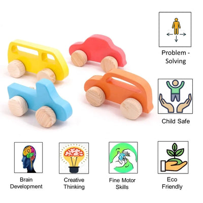 Combo - Wooden Push Toy Taxi, Pick-up Car, Van and Truck  (4 Pieces)