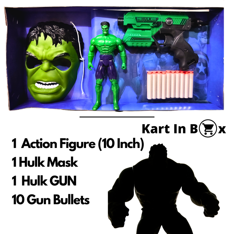 Set of Hulk | Hulk Action Figure Toy | Play Gun with Bullets | Mask (Big in Size)