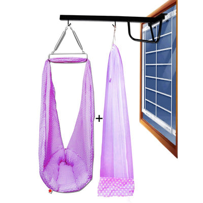 Baby Swing Cradle with Mosquito Net Spring and Metal Window Cradle Hanger (Purple)