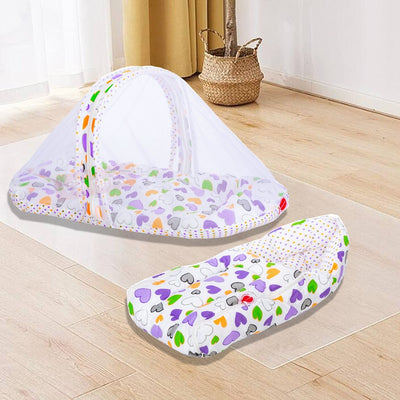 Daisy Baby Bed with Thick Filling, Mosquito Net with Zip Closure & Neck Pillow(Purple)