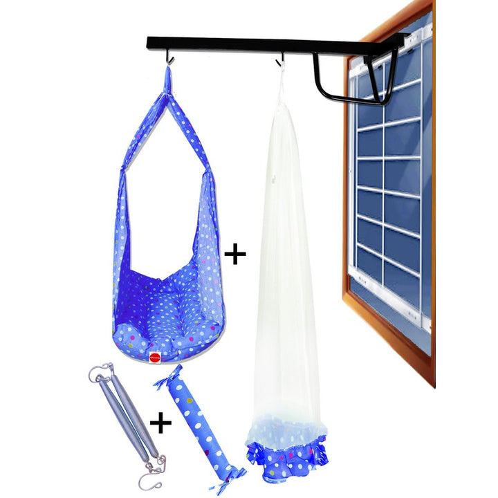 Tot Baby Swing Cradle with Mosquito net Spring and Metal Window Cradle Hanger (Blue)