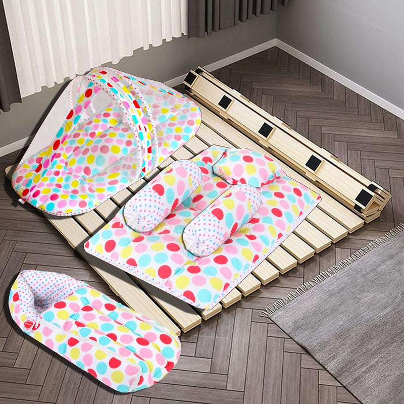 Baby 4 Piece Bedding Set with Pillow and Bolsters Sleeping Bag and Bedding Set Combo (Polka dots)