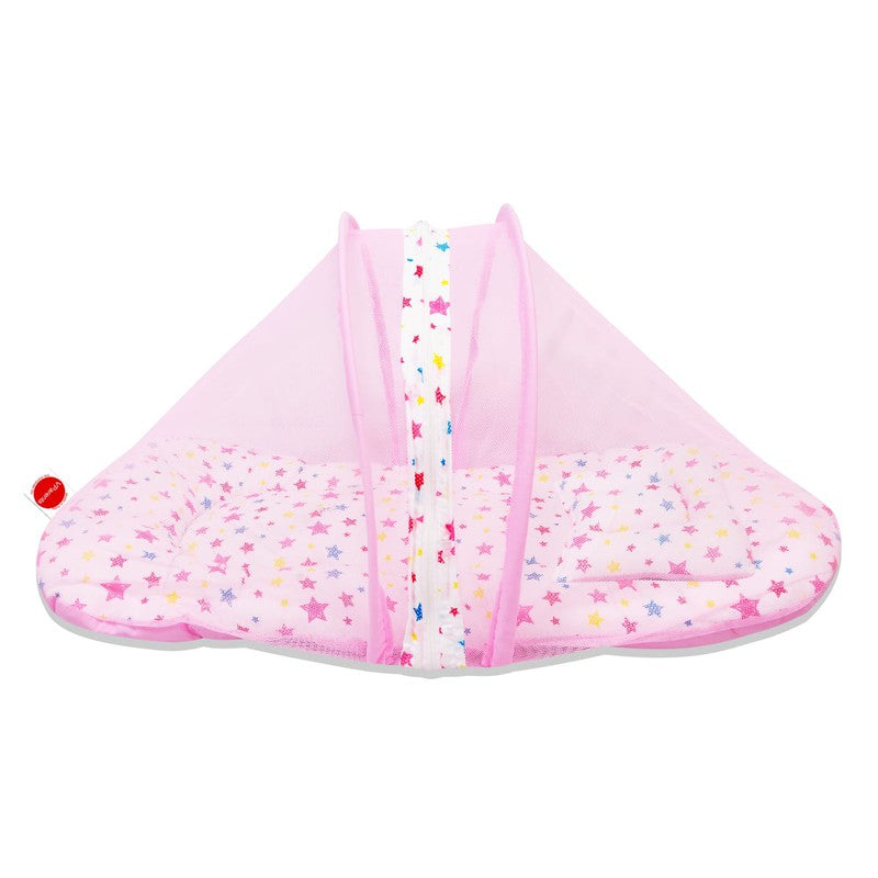 Baby Bed with Mosquito Net with Zip Closure & Neck Pillow (White & Pink)